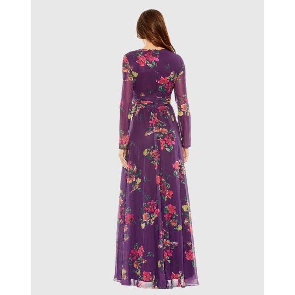 Mac Duggal NWOT Floral Long Sleeve V-Neck Gown in Purple Multi Size 14 - Picture 2 of 7